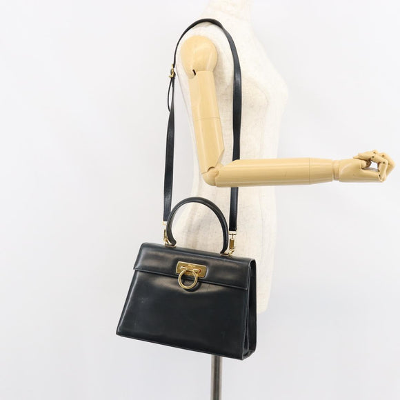 Salvatore Ferragamo Gancini Hand Bag Leather 2way Navy Gold Auth 147081