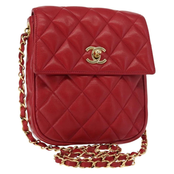 CHANEL Matelasse Chain Shoulder Bag Lamb Skin Red Gold CC Auth 147088