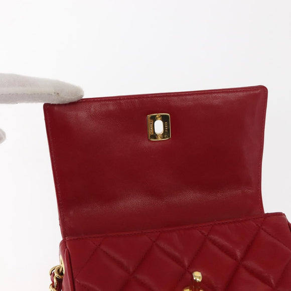 CHANEL Matelasse Chain Shoulder Bag Lamb Skin Red Gold CC Auth 147088