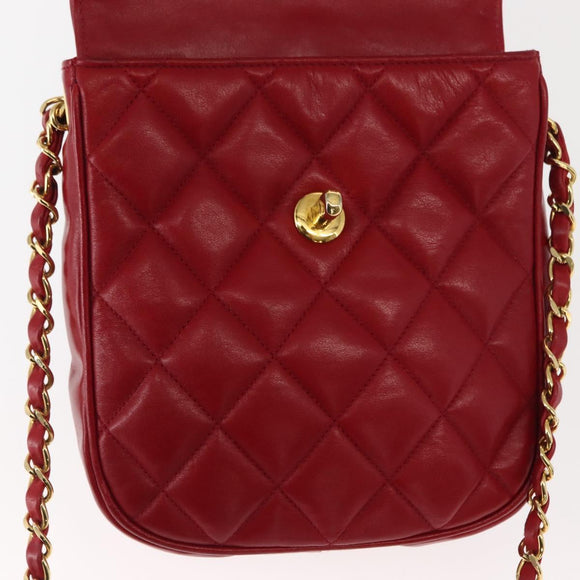 CHANEL Matelasse Chain Shoulder Bag Lamb Skin Red Gold CC Auth 147088