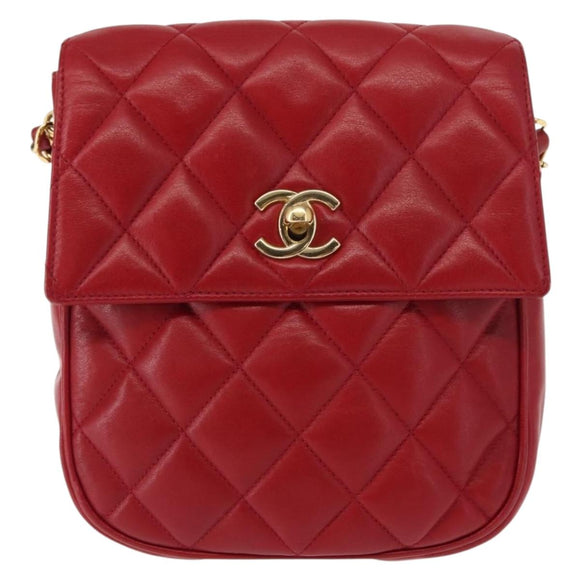 CHANEL Matelasse Chain Shoulder Bag Lamb Skin Red Gold CC Auth 147088