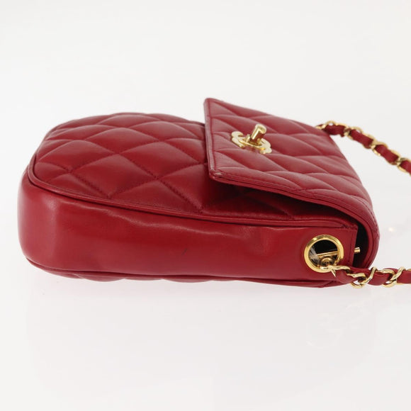 CHANEL Matelasse Chain Shoulder Bag Lamb Skin Red Gold CC Auth 147088