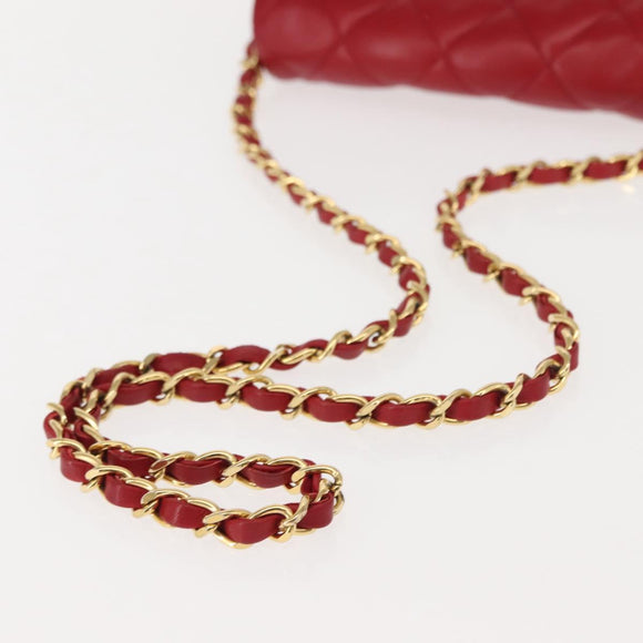 CHANEL Matelasse Chain Shoulder Bag Lamb Skin Red Gold CC Auth 147088