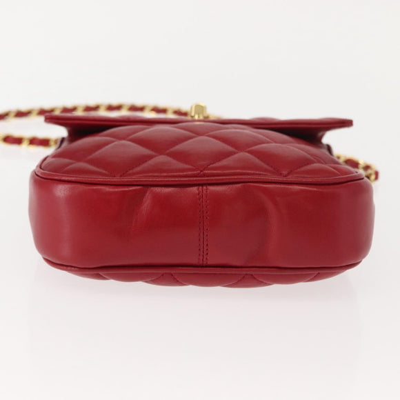 CHANEL Matelasse Chain Shoulder Bag Lamb Skin Red Gold CC Auth 147088