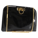 Salvatore Ferragamo Chain Gancini Shoulder Bag Enamel Black Gold Auth 147138-1