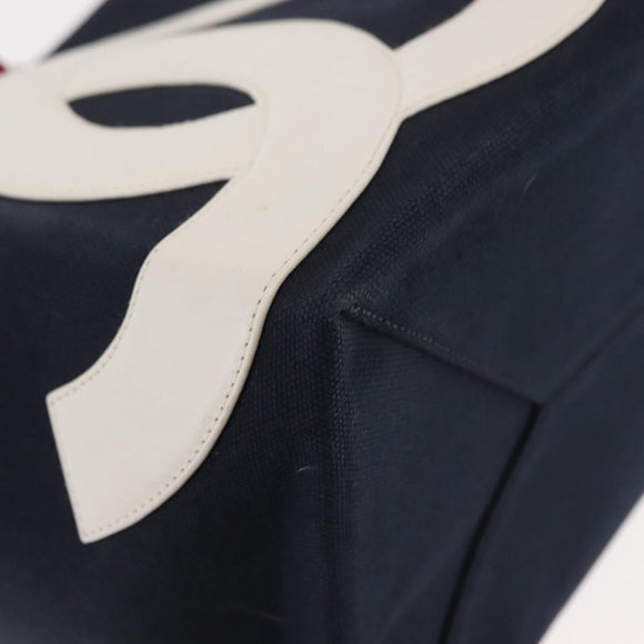 CHANEL Choco Bar Chain Tote Bag No5 Canvas Navy Silver CC Auth 147149