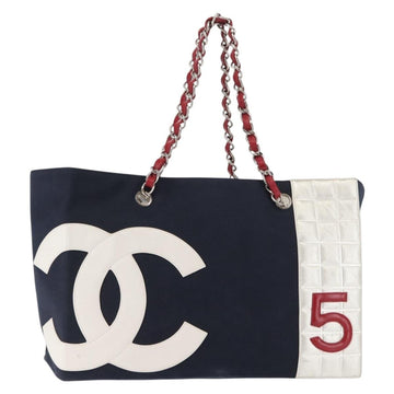 CHANEL Choco Bar Chain Tote Bag No5 Canvas Navy Silver CC Auth 147149