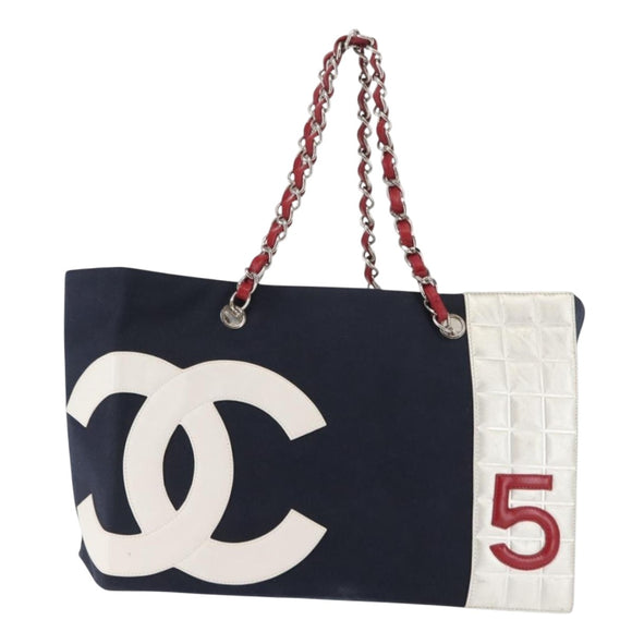 CHANEL Choco Bar Chain Tote Bag No5 Canvas Navy Silver CC Auth 147149
