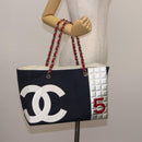 CHANEL Choco Bar Chain Tote Bag No5 Canvas Navy Silver CC Auth 147149-21