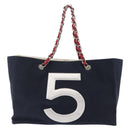 CHANEL Choco Bar Chain Tote Bag No5 Canvas Navy Silver CC Auth 147149-3