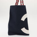 CHANEL Choco Bar Chain Tote Bag No5 Canvas Navy Silver CC Auth 147149-5