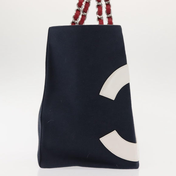 CHANEL Choco Bar Chain Tote Bag No5 Canvas Navy Silver CC Auth 147149