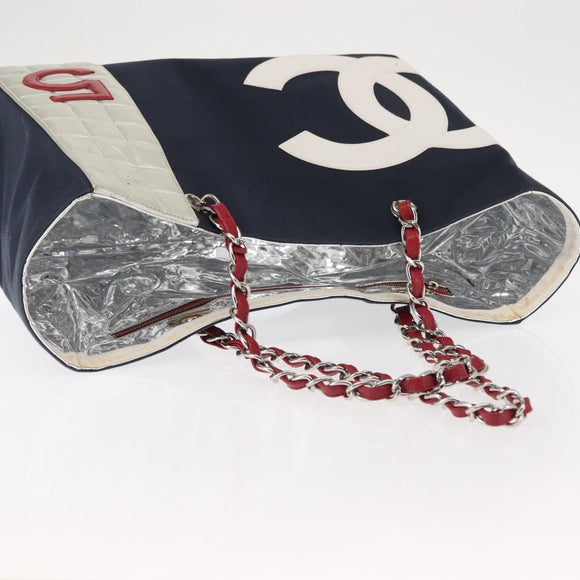 CHANEL Choco Bar Chain Tote Bag No5 Canvas Navy Silver CC Auth 147149