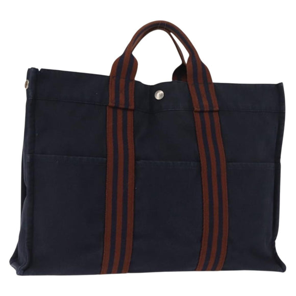 HERMES Fourre ToutMM Hand Bag Canvas Navy Brown Auth 147150