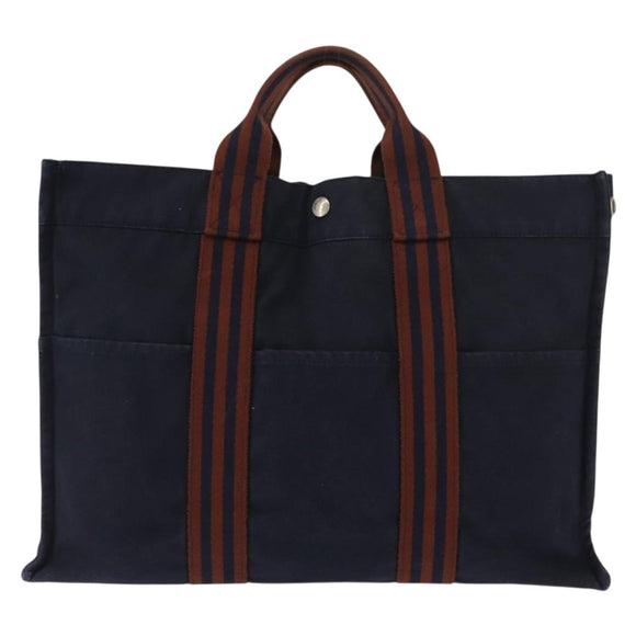 HERMES Fourre ToutMM Hand Bag Canvas Navy Brown Auth 147150