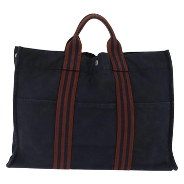 HERMES Fourre ToutMM Hand Bag Canvas Navy Brown Auth 147150 - 0