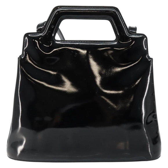 Salvatore Ferragamo Gancini Hand Bag Enamel 2way Black Gold Auth 147151