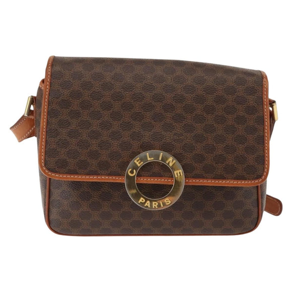 CELINE Macadam Canvas Circle Shoulder Bag PVC Leather Brown Gold Auth 147158