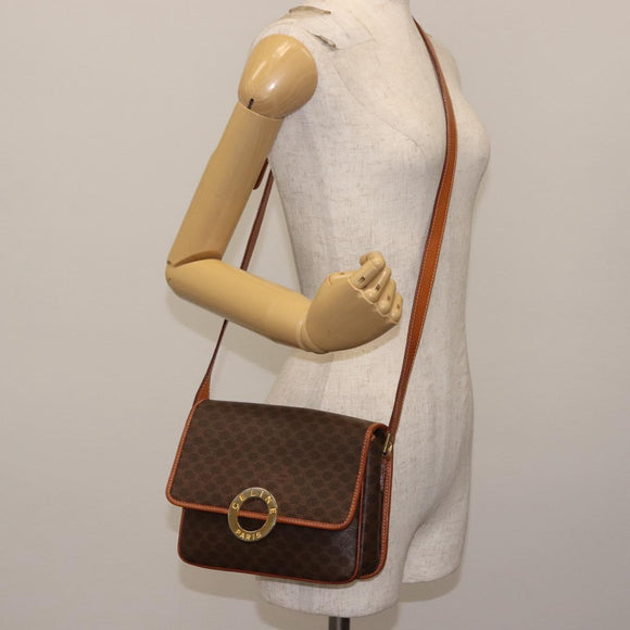 CELINE Macadam Canvas Circle Shoulder Bag PVC Leather Brown Gold Auth 147158