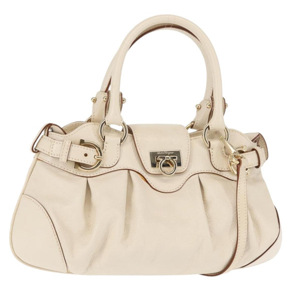 Salvatore Ferragamo Gancini Hand Bag Leather 2way White Gold Auth 147238