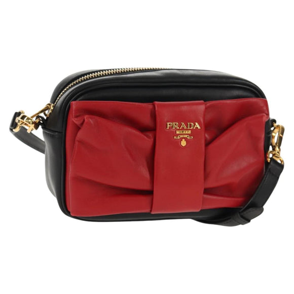 PRADA Ribbon Shoulder Bag Leather Black Red gold Auth 147259V