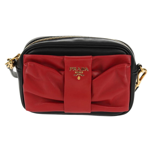 PRADA Ribbon Shoulder Bag Leather Black Red gold Auth 147259V