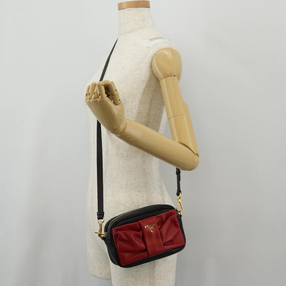PRADA Ribbon Shoulder Bag Leather Black Red gold Auth 147259V