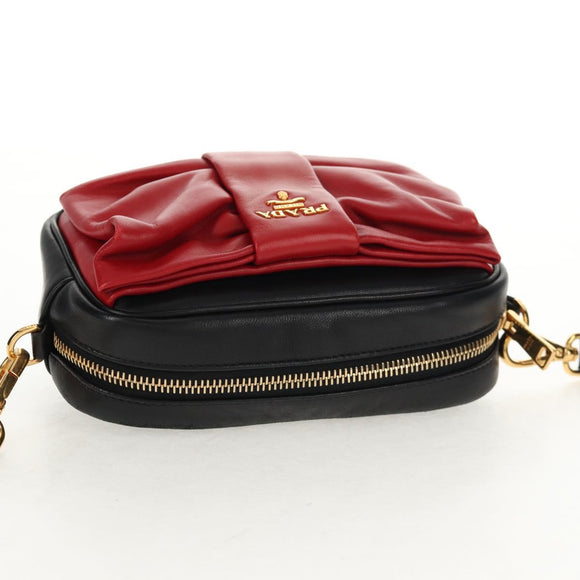 PRADA Ribbon Shoulder Bag Leather Black Red gold Auth 147259V
