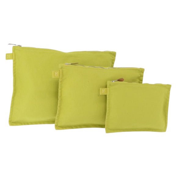 HERMES Bora Bora Pouch Canvas 3 Set Green Silver Auth 147270