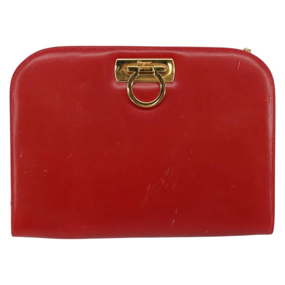 Salvatore Ferragamo Gancini Chain Shoulder Bag Leather Red Auth 147382