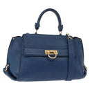 Salvatore Ferragamo Gancini Hand Bag Leather 2way Blue Gold Auth 147384-1