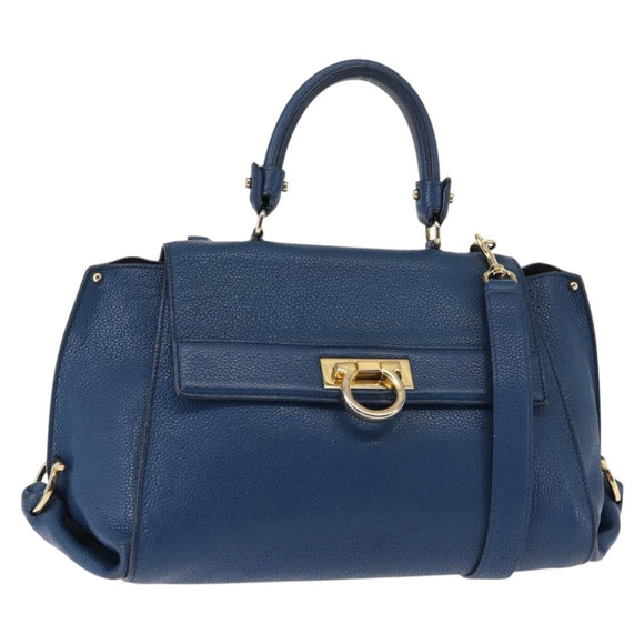 Salvatore Ferragamo Gancini Hand Bag Leather 2way Blue Gold Auth 147384