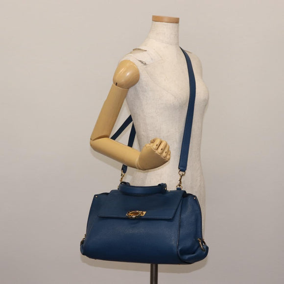Salvatore Ferragamo Gancini Hand Bag Leather 2way Blue Gold Auth 147384