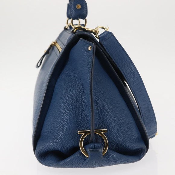 Salvatore Ferragamo Gancini Hand Bag Leather 2way Blue Gold Auth 147384