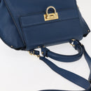 Salvatore Ferragamo Gancini Hand Bag Leather 2way Blue Gold Auth 147384-6