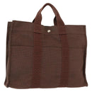 HERMES Her Line MM Tote Bag Canvas Brown Silver Auth 147393-1