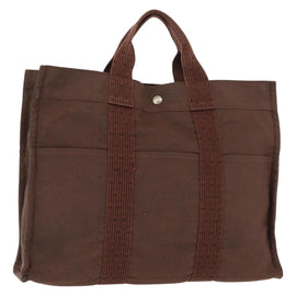 HERMES Her Line MM Tote Bag Canvas Brown Silver Auth 147393