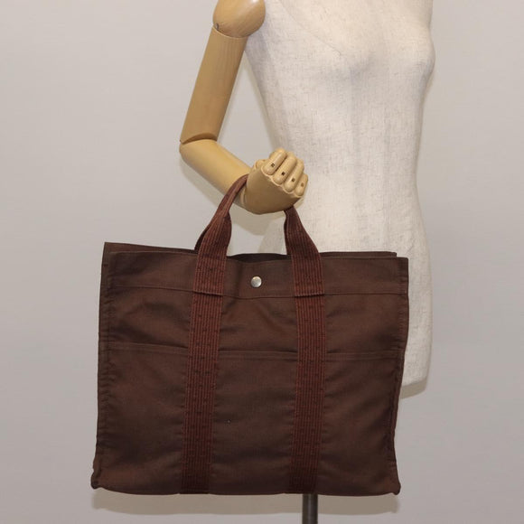 HERMES Her Line MM Tote Bag Canvas Brown Silver Auth 147393