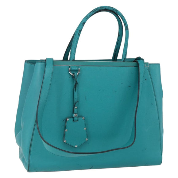 FENDI 2JOURS Hand Bag Leather Turquoise Blue Silver Auth 147397