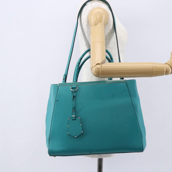 FENDI 2JOURS Hand Bag Leather Turquoise Blue Silver Auth 147397