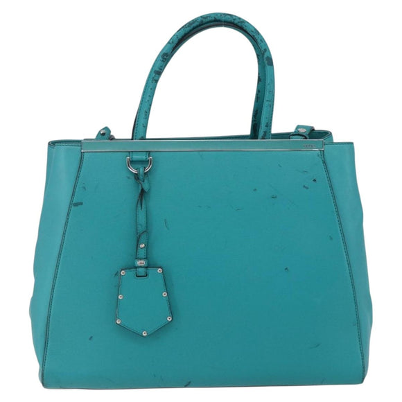 FENDI 2JOURS Hand Bag Leather Turquoise Blue Silver Auth 147397