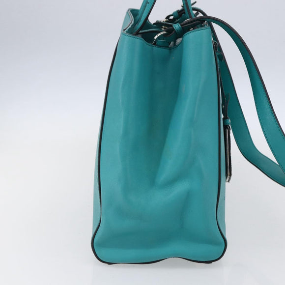 FENDI 2JOURS Hand Bag Leather Turquoise Blue Silver Auth 147397