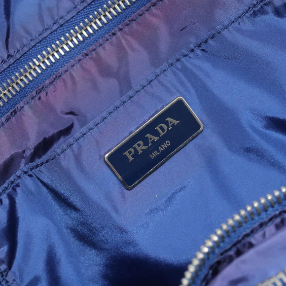 PRADA Tote Bag Nylon Leder Blau Silber Auth 147405