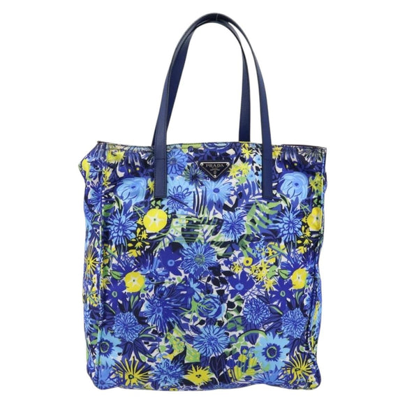 PRADA Tote Bag Nylon Leder Blau Silber Auth 147405