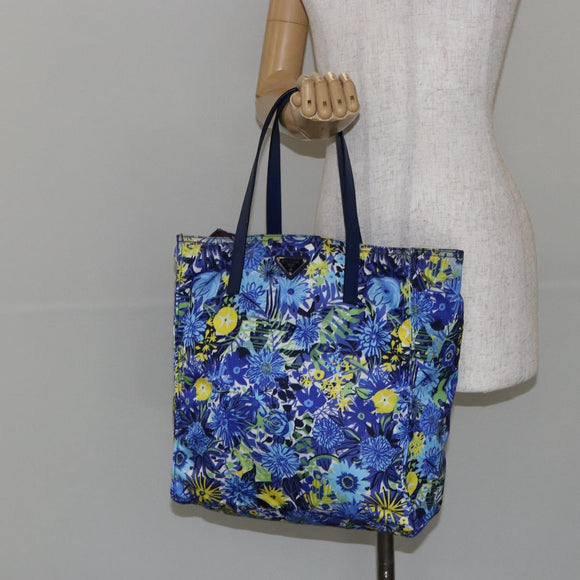 PRADA Tote Bag Nylon Leder Blau Silber Auth 147405