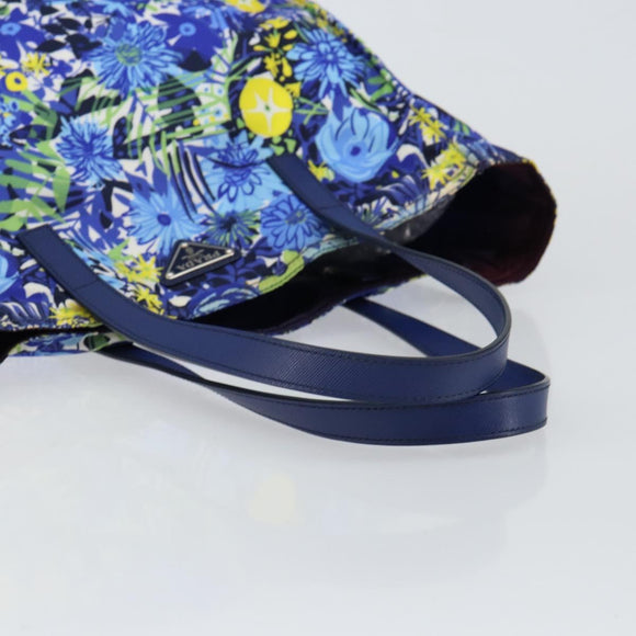 PRADA Tote Bag Nylon Leder Blau Silber Auth 147405