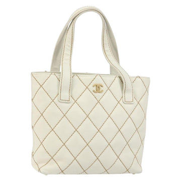 CHANEL Wild Stitch Hand Bag Leather White Gold CC Auth 147410