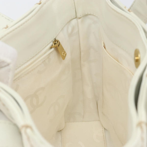 CHANEL Wild Stitch Hand Bag Leather White Gold CC Auth 147410