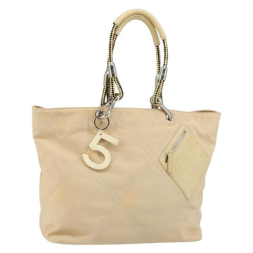 CHANEL Hand Bag Canvas Beige Silver CC Auth 147412