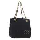 CHANEL Chain Choco Bar Line Hand Bag Canvas Black Gold CC Auth 147415-1